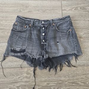 Levi's 501 Charcoal Distressed Button Fly Ripped Cutoff Denim Shorts